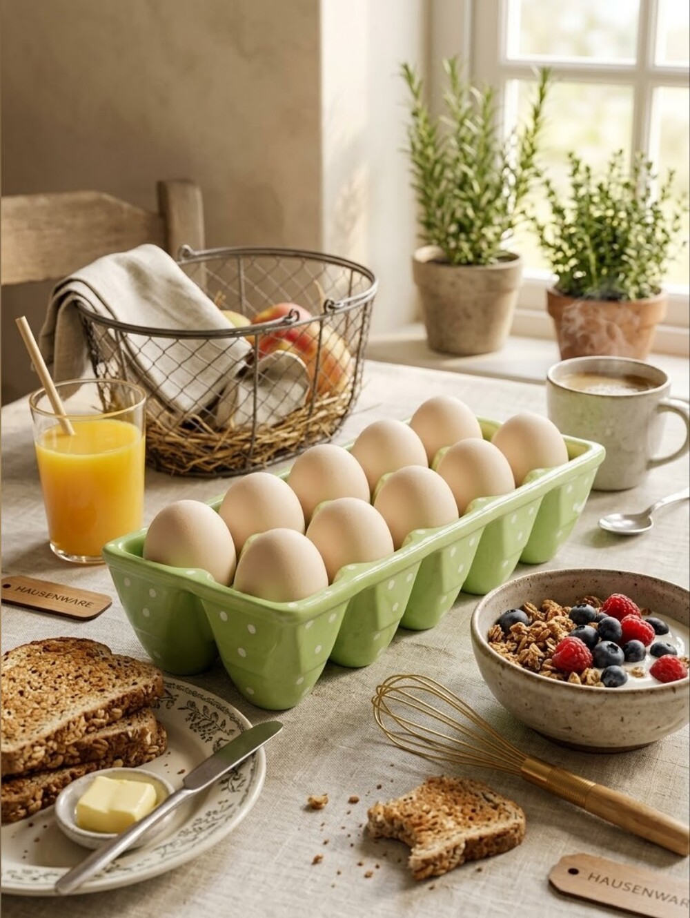 Hausenware Green Polka Dot Ceramic 12-Egg Crate / Tray
